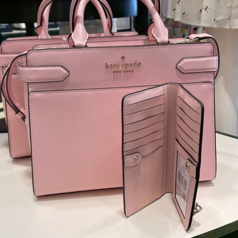 Kate Spade Staci Medium Satchel & Staci Large Slim Bifold Wallet Chalk Pink - Picture 3 of 16